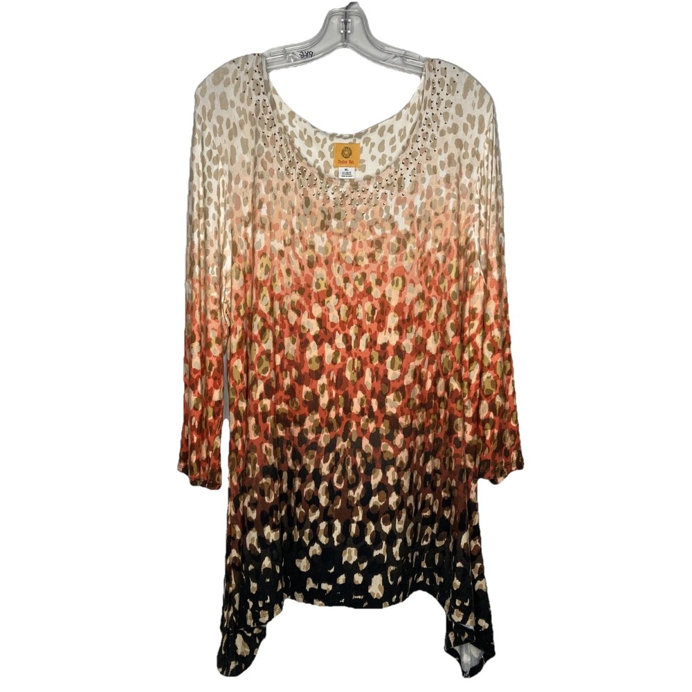 Ruby Rd. Top Women XL Animal Ombré Print Tunic Rhinestone Scoop Neck Beige Red